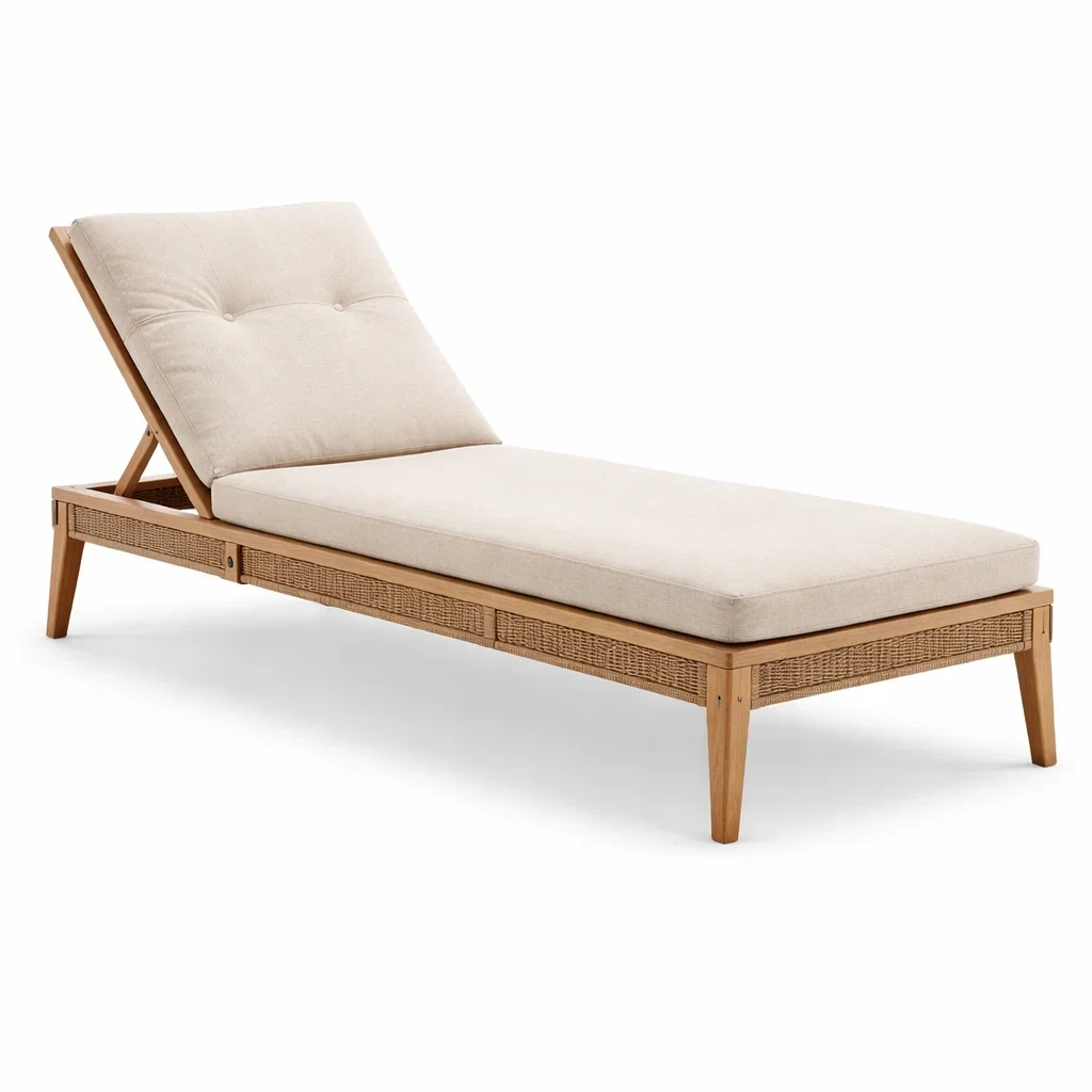 Chaise longue en bois d'acacia avec coussin beige réglable-LIVFINO