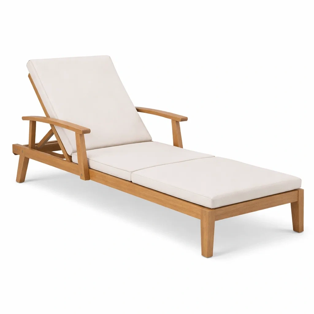 Chaise longue en bois d'acacia avec coussins en polyester beige-LIVFINO