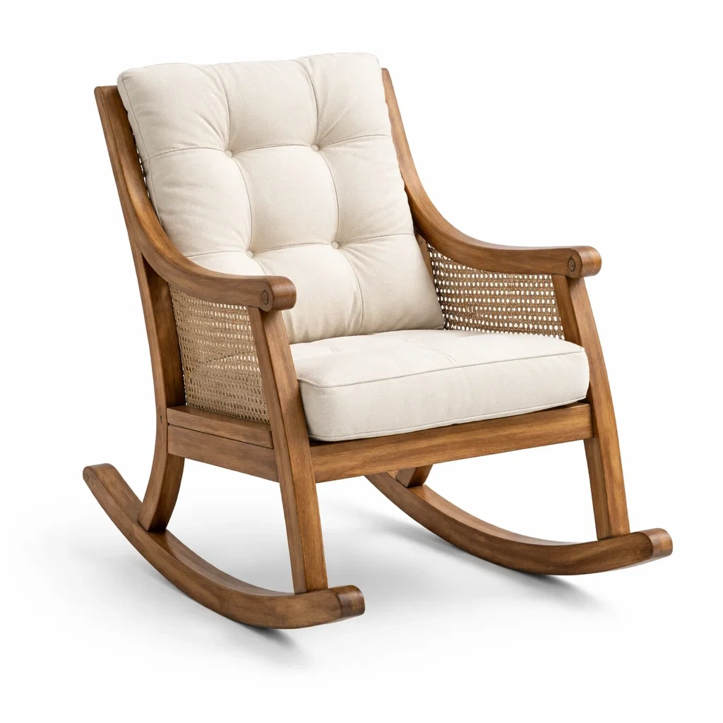 Fauteuil à bascule en bois avec rotin et coussins en polyester-LIVFINO