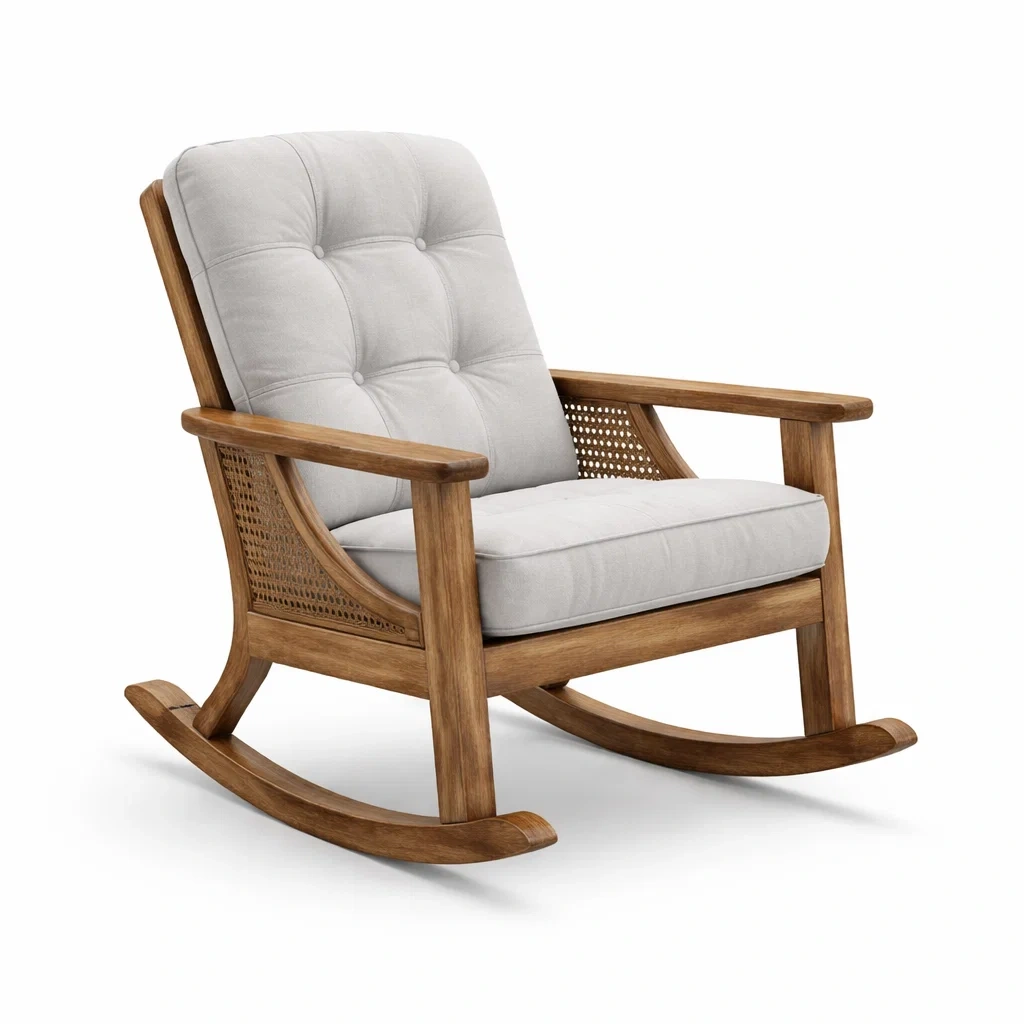 Fauteuil à bascule en bois de hêtre avec coussins en polyester gris-LIVFINO