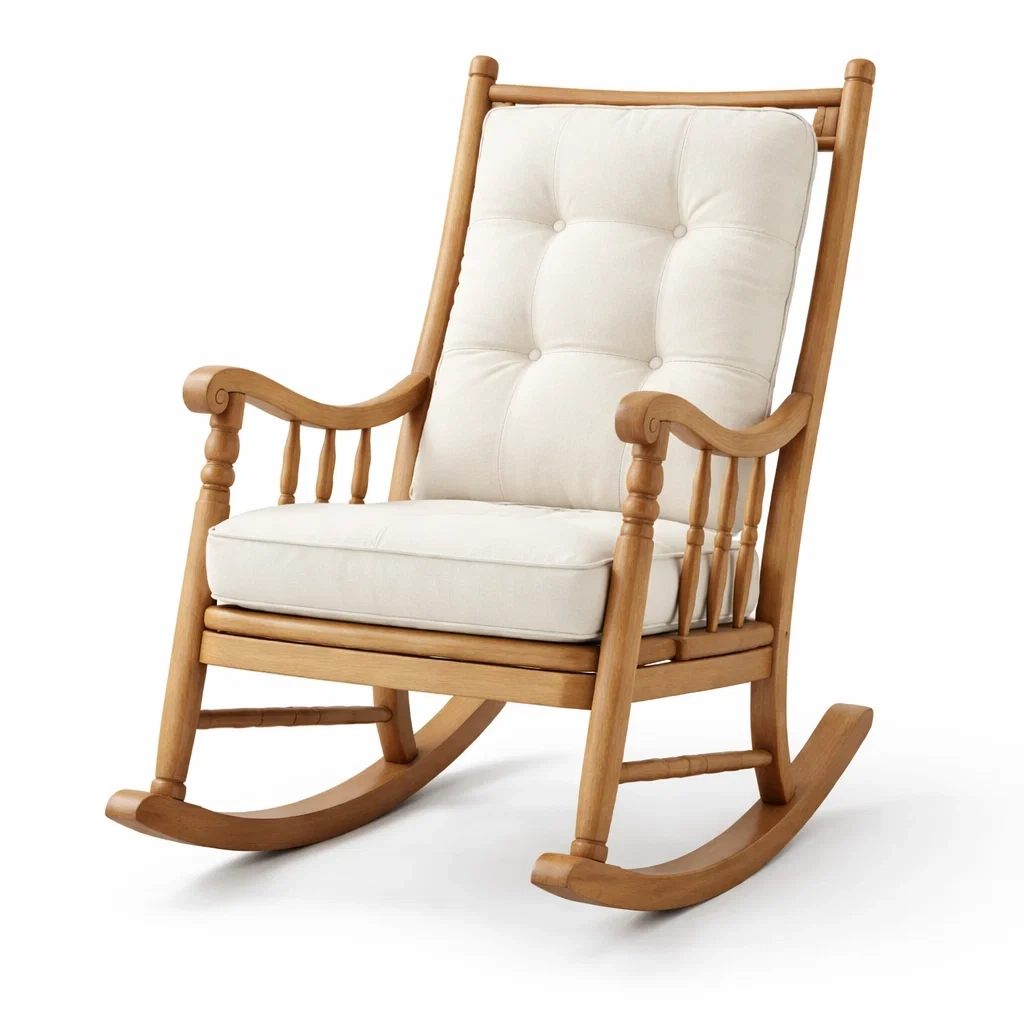 Fauteuil à bascule en bois avec coussins en polyester beige-LIVFINO