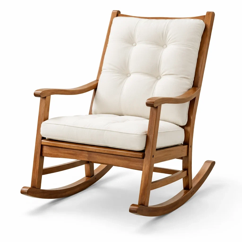 Fauteuil à bascule en bois avec coussins en polyester crème-LIVFINO