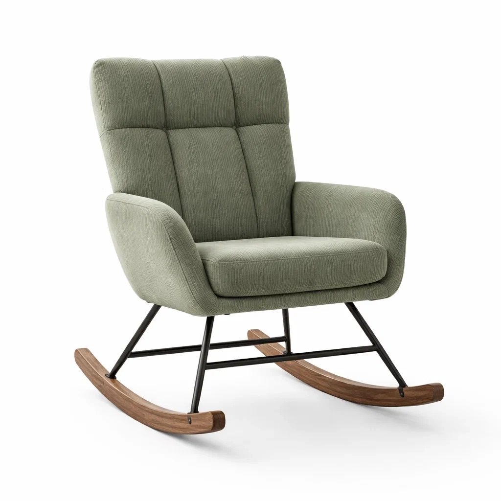 Fauteuil à bascule en velours côtelé vert avec structure métallique et base en bois-LIVFINO