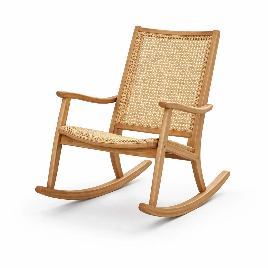 Fauteuil à bascule en bois et rotin-LIVFINO