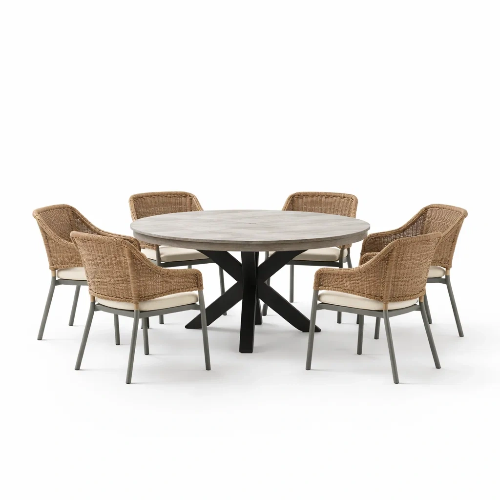 Ensemble table et chaises avec table ronde en bois et chaises en rotin-LIVFINO