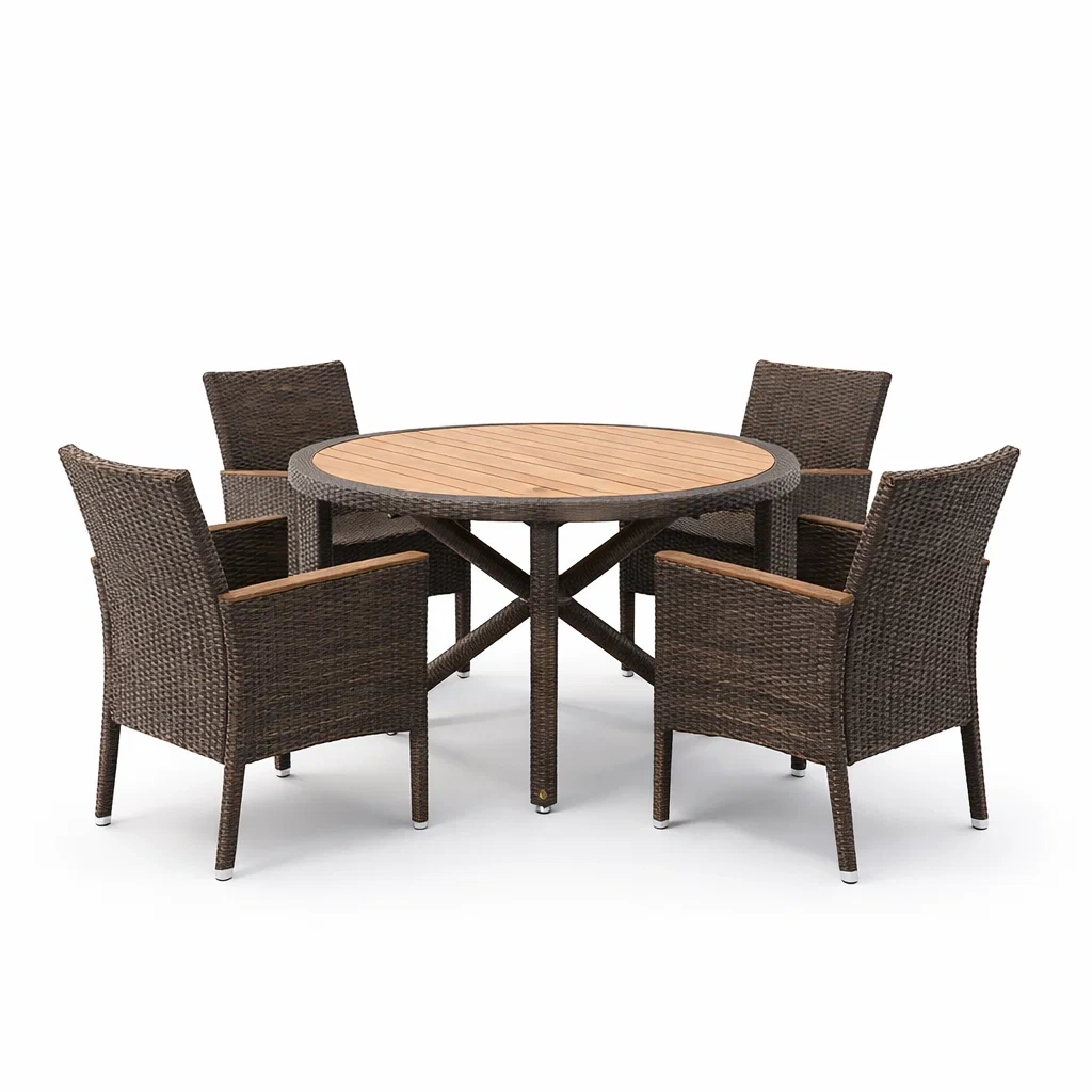 Ensemble table et chaises en rotin et bois marron-LIVFINO
