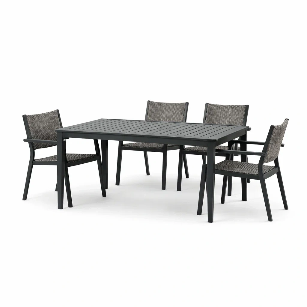 Ensemble table et chaises en aluminium noir avec chaises en résine tressée gris-LIVFINO