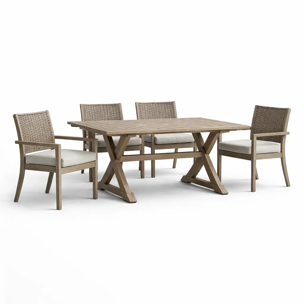 Ensemble table et chaises en bois et rotin synthétique avec coussins beige-LIVFINO