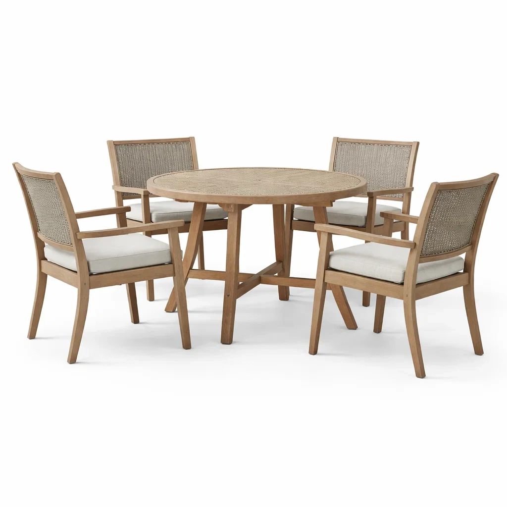 Ensemble table et chaises en bois et rotin avec table ronde et chaises-LIVFINO