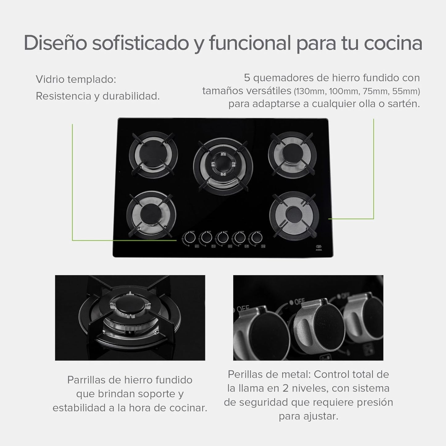 AVERA Parrilla de Gas 5 Quemadores, Vidrio Templado Negro 77cm (Incluye accesorios para Instalarla) Empotrable, Encendido Electronico, Perillas Metalicas, Estufa Empotrable, para Gas LP y Natural, VT5
