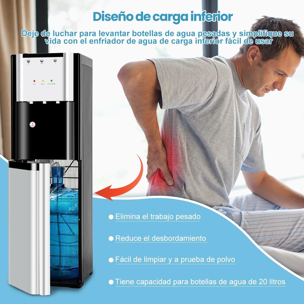 Ykioea Dispensador de Agua con Garrafón Oculto, Dispensador de Agua Fria y Caliente, Enfriador de Agua, Bloqueo de Seguridad, para Sala, Oficina