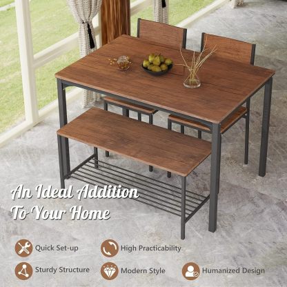 Giantex - Juego de mesa de comedor para 4, mesa de cocina con banco y sillas, banco industrial para reuniones, escritorio funcional, con marco de metal y estante de almacenamiento (marrón)