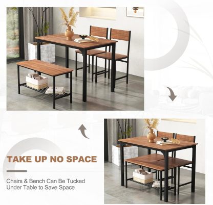 Giantex - Juego de mesa de comedor para 4, mesa de cocina con banco y sillas, banco industrial para reuniones, escritorio funcional, con marco de metal y estante de almacenamiento (marrón)
