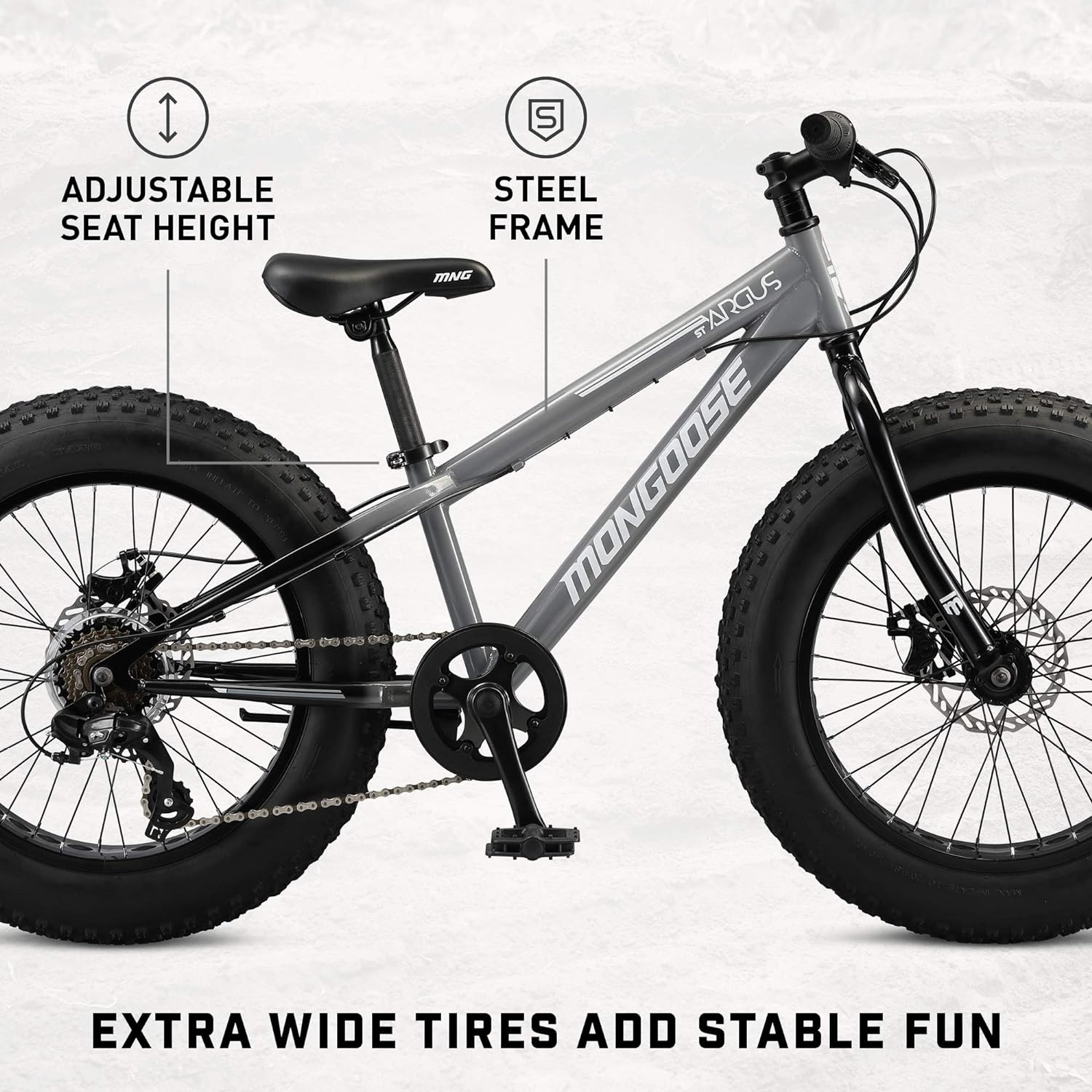 Mongoose Argus ST & Trail Fat Tire Bicicleta de montaña para Adultos jóvenes Hombres y Mujeres, Ruedas de 20 a 26 Pulgadas, Frenos de Disco mecánicos, Marco de Acero o Aluminio y Opciones de 7 o 16