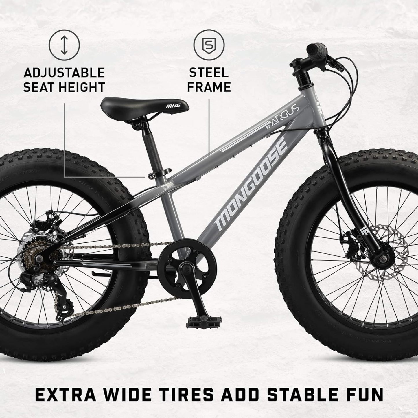 Mongoose Argus ST & Trail Fat Tire Bicicleta de montaña para Adultos jóvenes Hombres y Mujeres, Ruedas de 20 a 26 Pulgadas, Frenos de Disco mecánicos, Marco de Acero o Aluminio y Opciones de 7 o 16