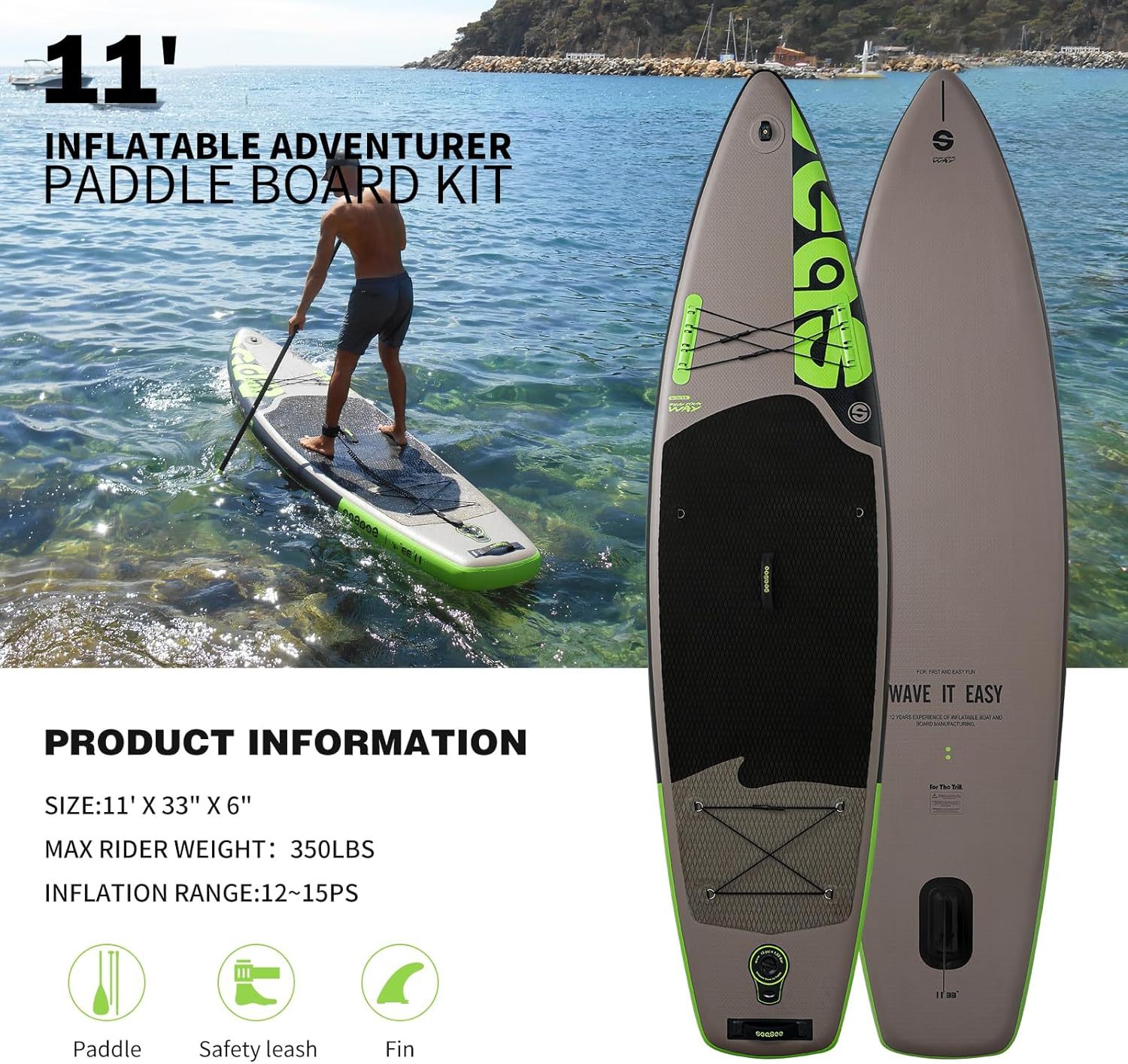 SEASEESUP Tablas de Remo inflables con Accesorios Sup, Tabla de Remo de 12 pies, Duradera, Ligera, diseño Estable de 33 Pulgadas de Ancho para Adultos con sobrepeso