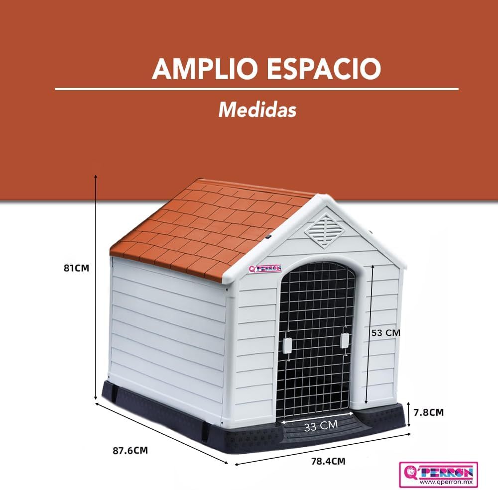 Q PERRON Casa para Perro Mediano con Puerta Metálica | para Exterior - Resistente al Agua | Térmica con Ventilación | Piso Elevado | 88 X 79 X 82 cm.