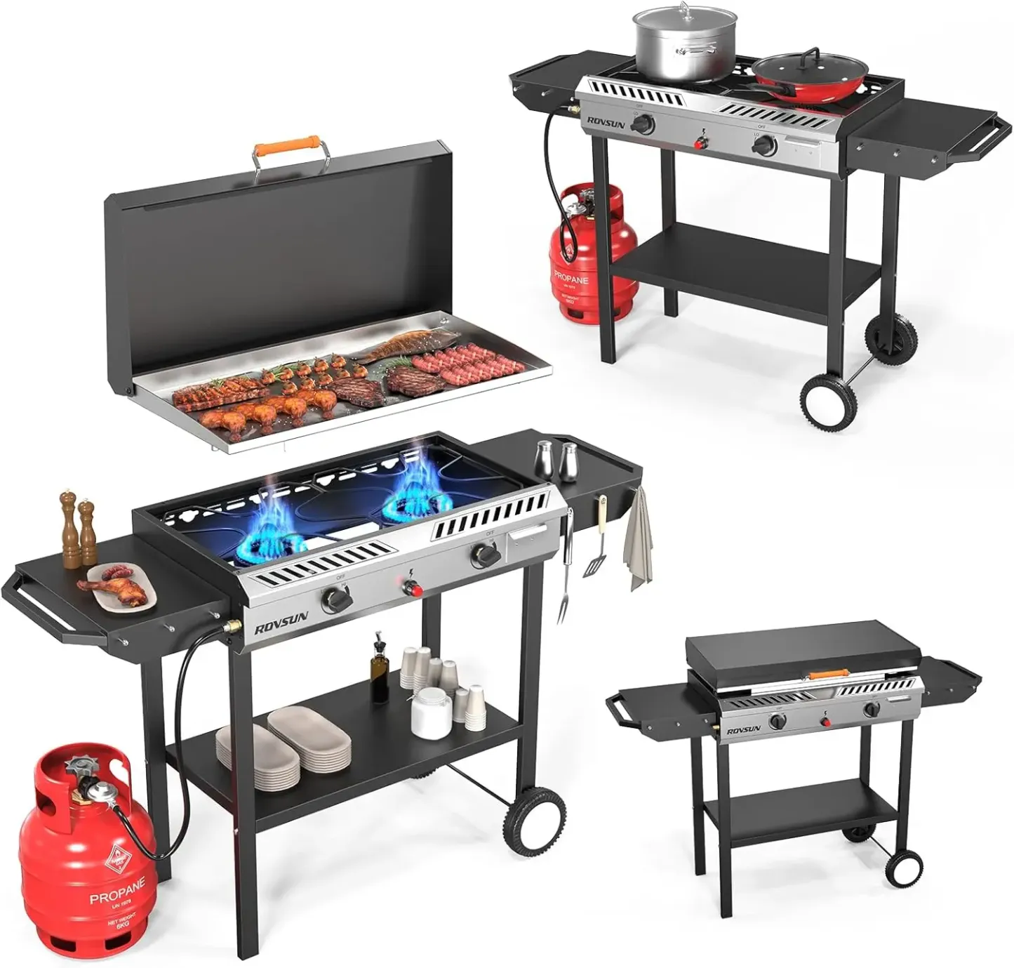 Estufa de gas propano para exteriores de 2/3 quemadores con plancha, encendido automático, regulador y estantes laterales; potente cocina con soporte de 150.000/225.000 BTU, ideal para cocinar en el patio trasero, elaboración casera de bebidas, envasado,