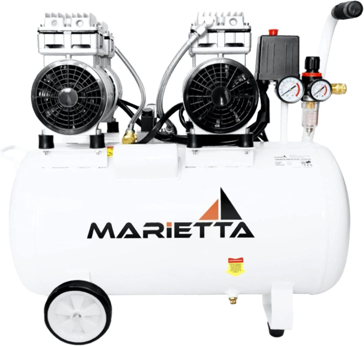MARIETTA 2HP 50L: Compresor de Aire Silencioso - Compresor robusto de llenado rápido con 2 HP y tanque de 50L. Doble Motor Libre de Aceite.