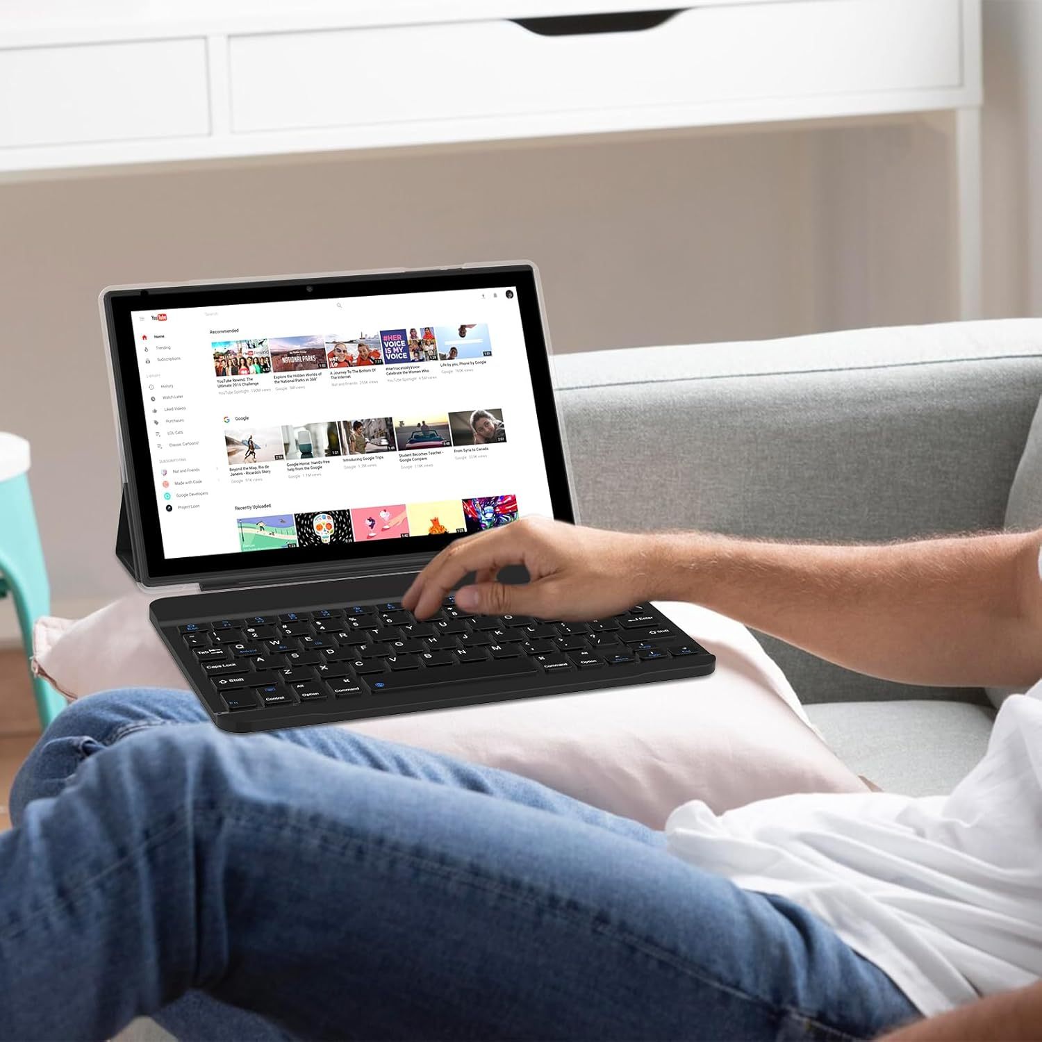 Tablet con teclado 2 en 1, Android 11, 10.1 pulgadas FHD, con teclado/mouse/funda/lápiz capacitivo/película templada, 64 GB+2 GB, Wi-Fi, cámara dual 8 MP, procesador quad core, batería 6,000 mAh, rosa