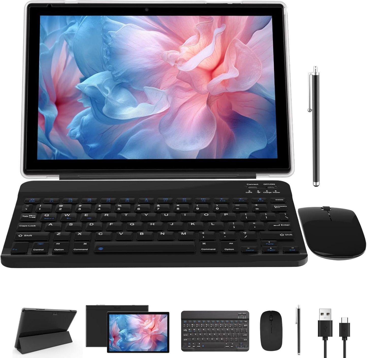 Tablet con teclado 2 en 1, Android 11, 10.1 pulgadas FHD, con teclado/mouse/funda/lápiz capacitivo/película templada, 64 GB+2 GB, Wi-Fi, cámara dual 8 MP, procesador quad core, batería 6,000 mAh, rosa