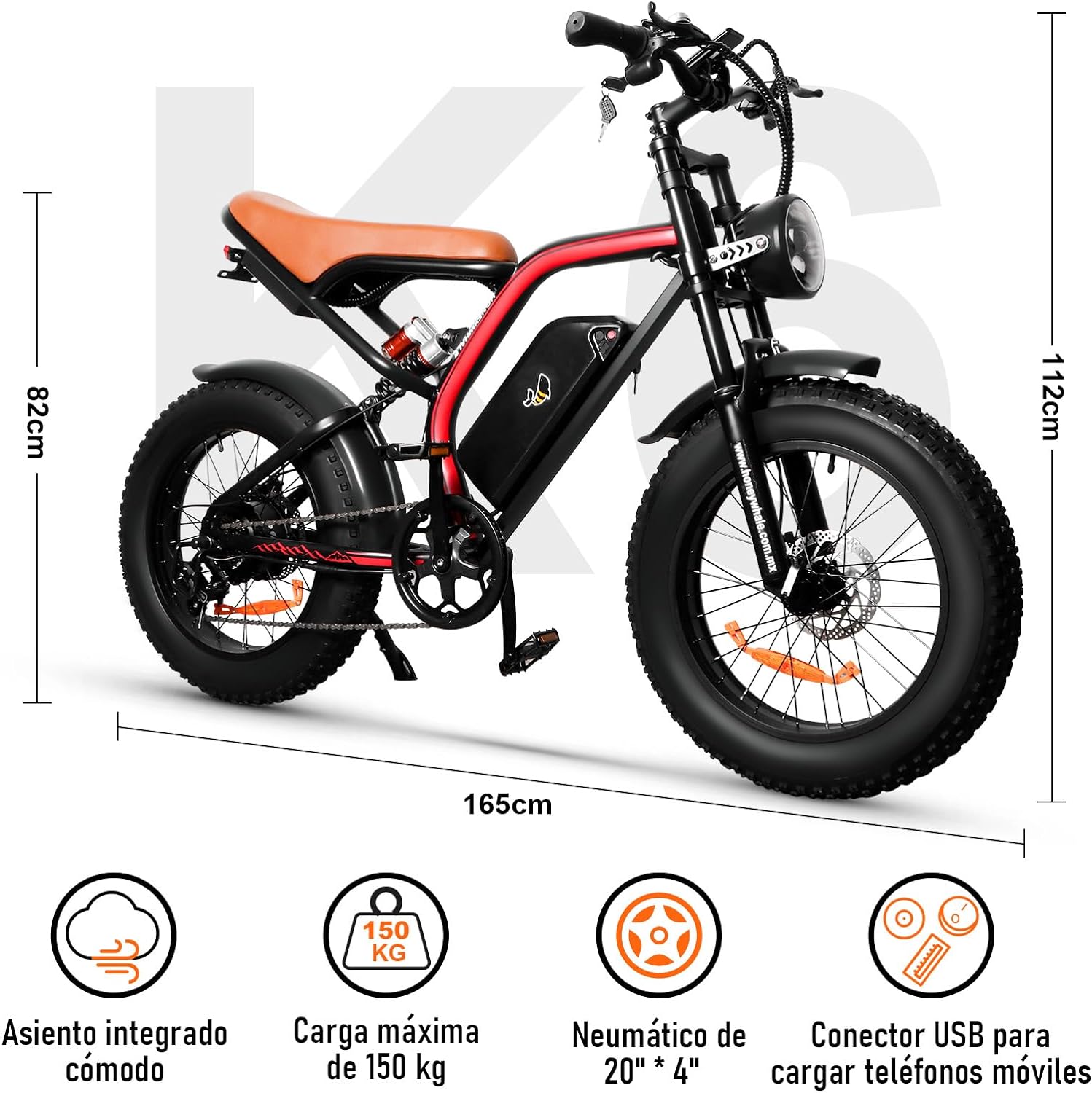 HONEYWHALE K6 Bicicleta Electrica para Adultos, Moto Bicicleta de Montaña de 7 Velocidades, Potencia del Motor 1080 W, Velocidad Máxima 48KM/H, Autonomía 40-45KM, Batería (48V, 15AH)-Muñeca