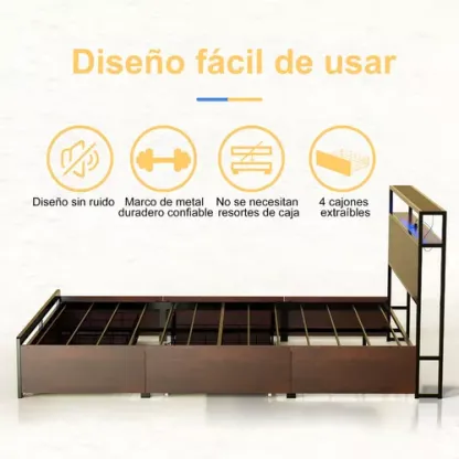 Cama Matrimonial Full Base+ Cabecera+ Cajones Luces Led Usb Color Marrón