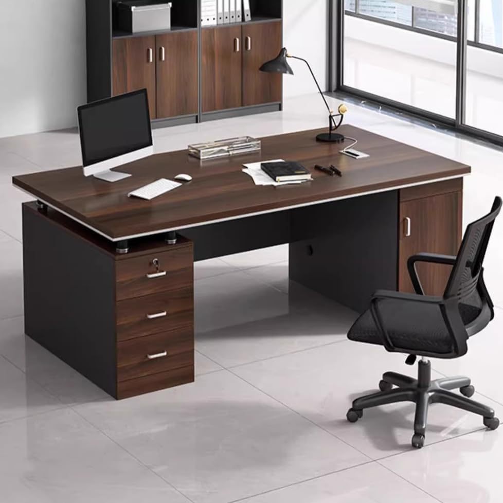 UNKKS Escritorio,Escritorio con 3 Cajones de Archivos, Escritorio de Oficina en Casa de Madera, Escritorio Oficina, Escritorio para Pc Negro Mate Nogal,Escritorio Grande con Ilave 120X60X77CM