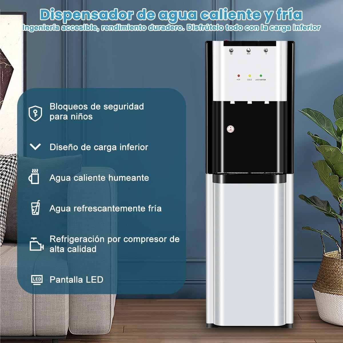 Ykioea Dispensador de Agua con Garrafón Oculto, Dispensador de Agua Fria y Caliente, Enfriador de Agua, Bloqueo de Seguridad, para Sala, Oficina