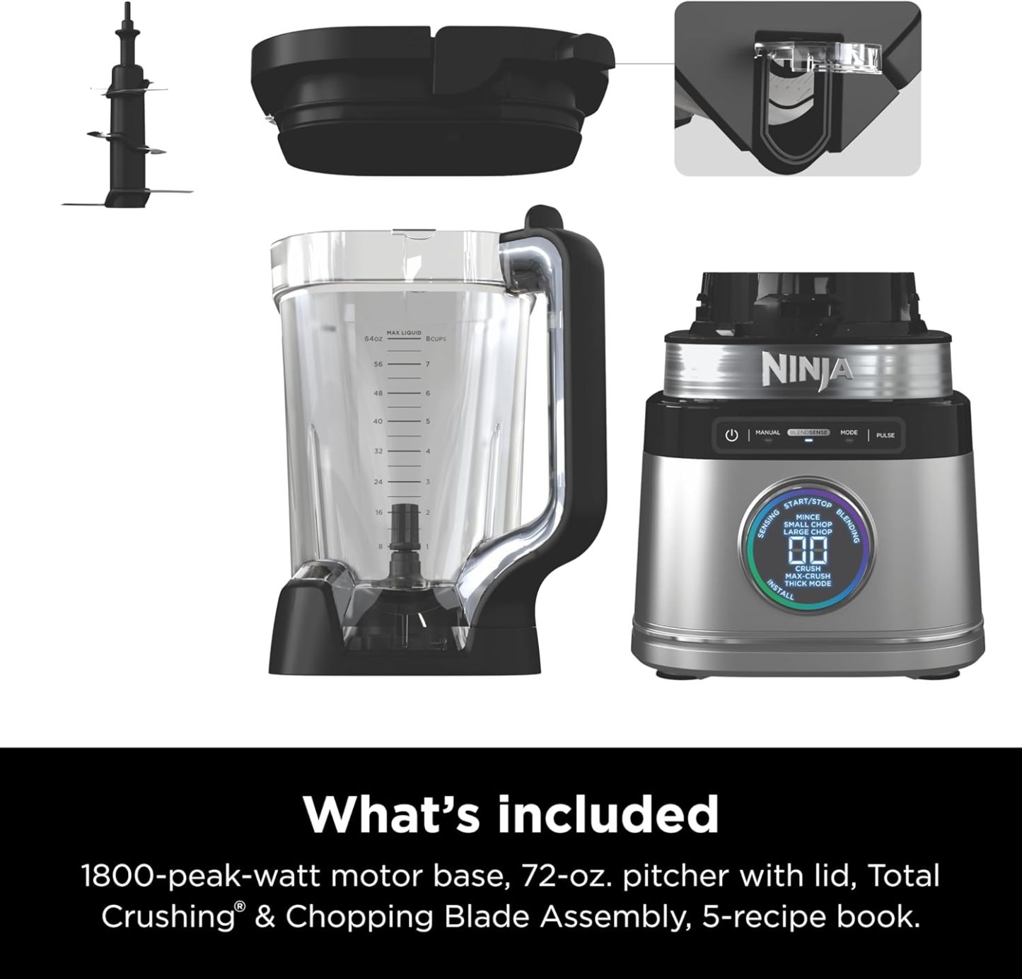 NINJA, Licuadora Detect Power Pro, Capacidad de 72 Oz, Ideal para Smoothies y Bebidas Congeladas, Procesa Alimentos, 1800 Watts, Tecnología BlendSense, Color Negro y Plateado, TB201