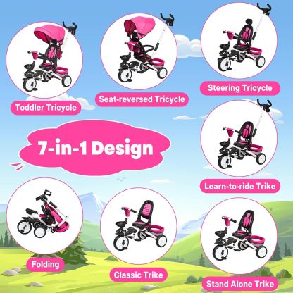 Babevy - Triciclo para bebé, 7 en 1, Plegable con Mango de Empuje Ajustable extraíble, toldo, Asiento Giratorio, arnés de Seguridad, portavasos y Almacenamiento, Triciclo para niños de 1 a 5 años