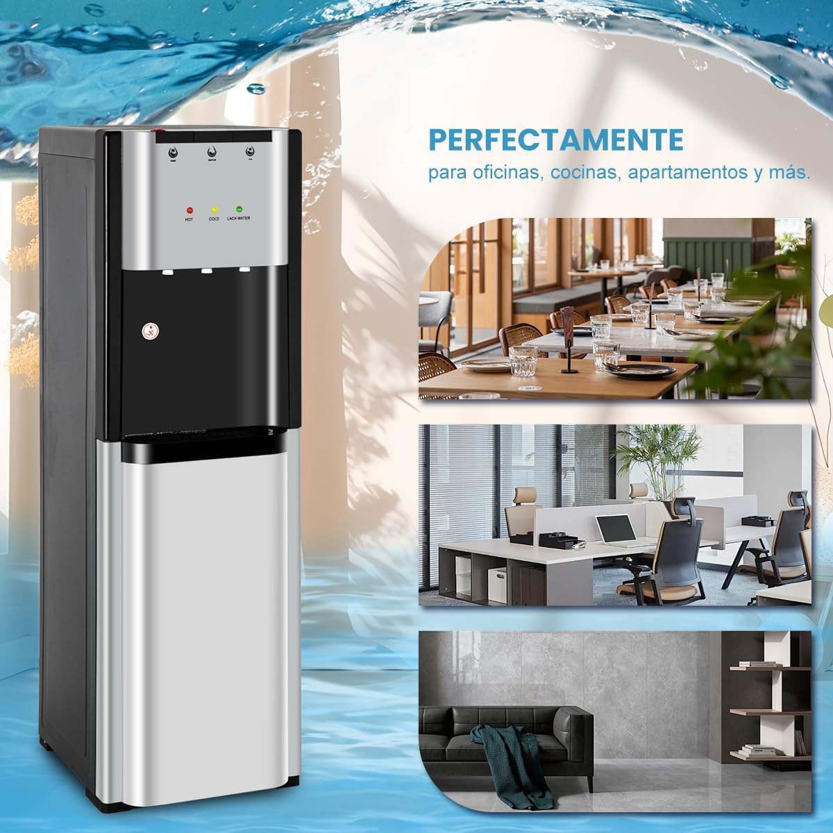 Ykioea Dispensador de Agua con Garrafón Oculto, Dispensador de Agua Fria y Caliente, Enfriador de Agua, Bloqueo de Seguridad, para Sala, Oficina