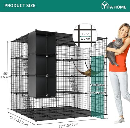YITAHOME - Jaula Grande para Gatos con Cubo de Almacenamiento, Caja para Interiores de Metal con Hamaca para múltiples Mascotas, 4 Niveles de Perrera de Gato Negro, 140 x 140 x 140 cm