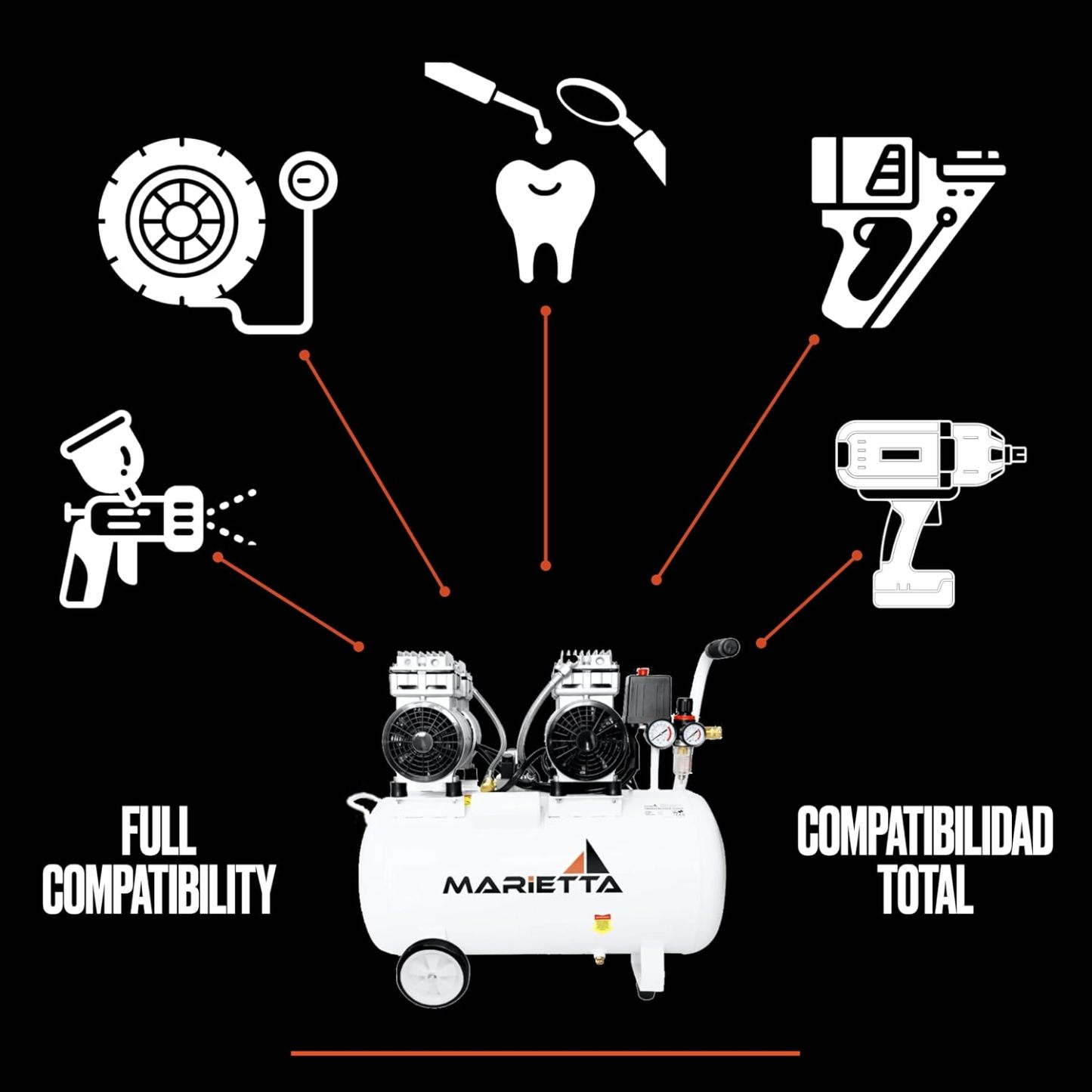 MARIETTA 2HP 50L: Compresor de Aire Silencioso - Compresor robusto de llenado rápido con 2 HP y tanque de 50L. Doble Motor Libre de Aceite.