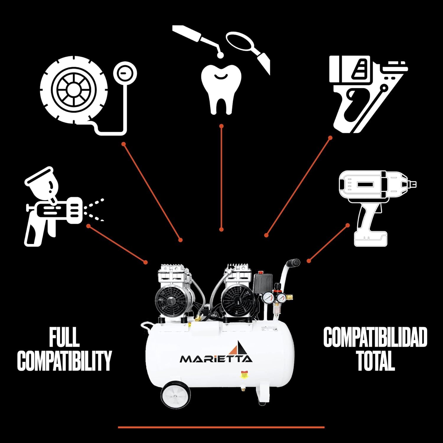 MARIETTA 2HP 50L: Compresor de Aire Silencioso - Compresor robusto de llenado rápido con 2 HP y tanque de 50L. Doble Motor Libre de Aceite.