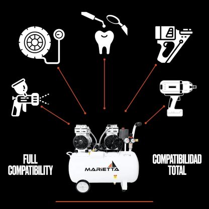 MARIETTA 2HP 50L: Compresor de Aire Silencioso - Compresor robusto de llenado rápido con 2 HP y tanque de 50L. Doble Motor Libre de Aceite.
