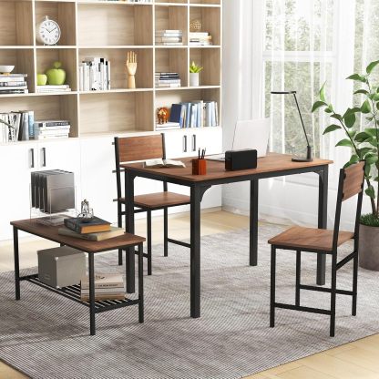 Giantex - Juego de mesa de comedor para 4, mesa de cocina con banco y sillas, banco industrial para reuniones, escritorio funcional, con marco de metal y estante de almacenamiento (marrón)