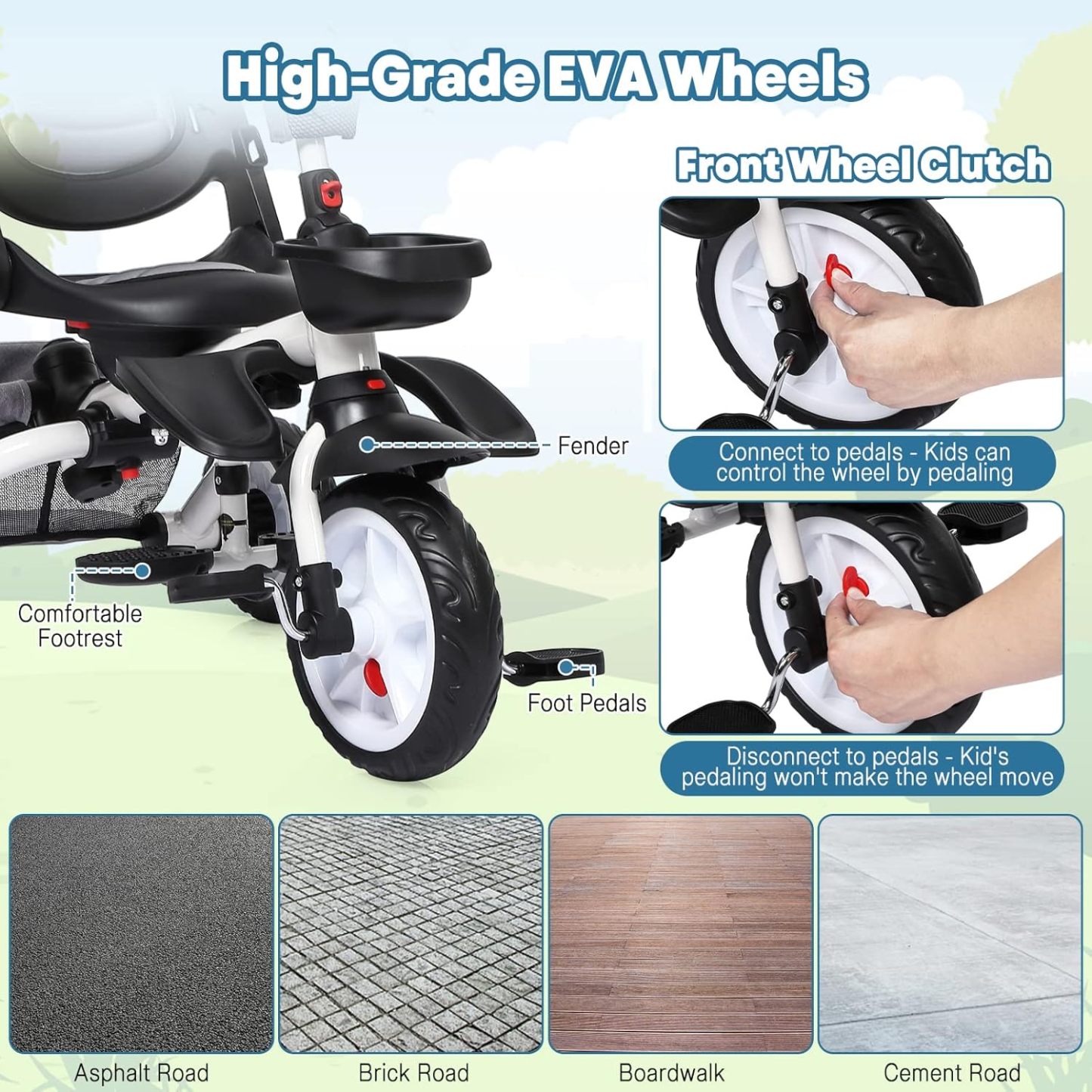 Babevy - Triciclo para bebé, 7 en 1, Plegable con Mango de Empuje Ajustable extraíble, toldo, Asiento Giratorio, arnés de Seguridad, portavasos y Almacenamiento, Triciclo para niños de 1 a 5 años