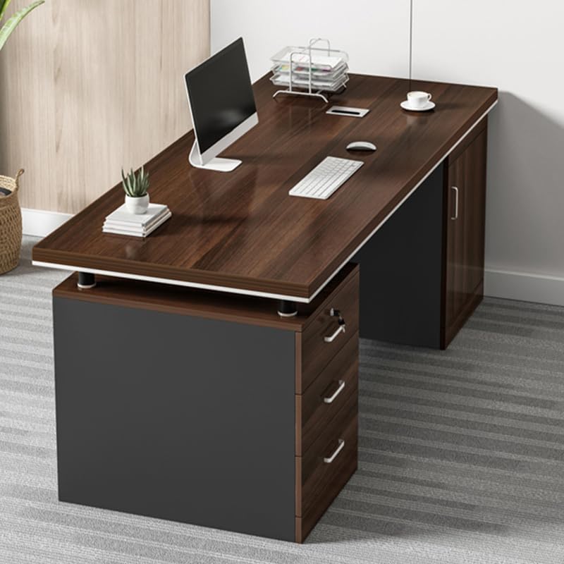 UNKKS Escritorio,Escritorio con 3 Cajones de Archivos, Escritorio de Oficina en Casa de Madera, Escritorio Oficina, Escritorio para Pc Negro Mate Nogal,Escritorio Grande con Ilave 120X60X77CM
