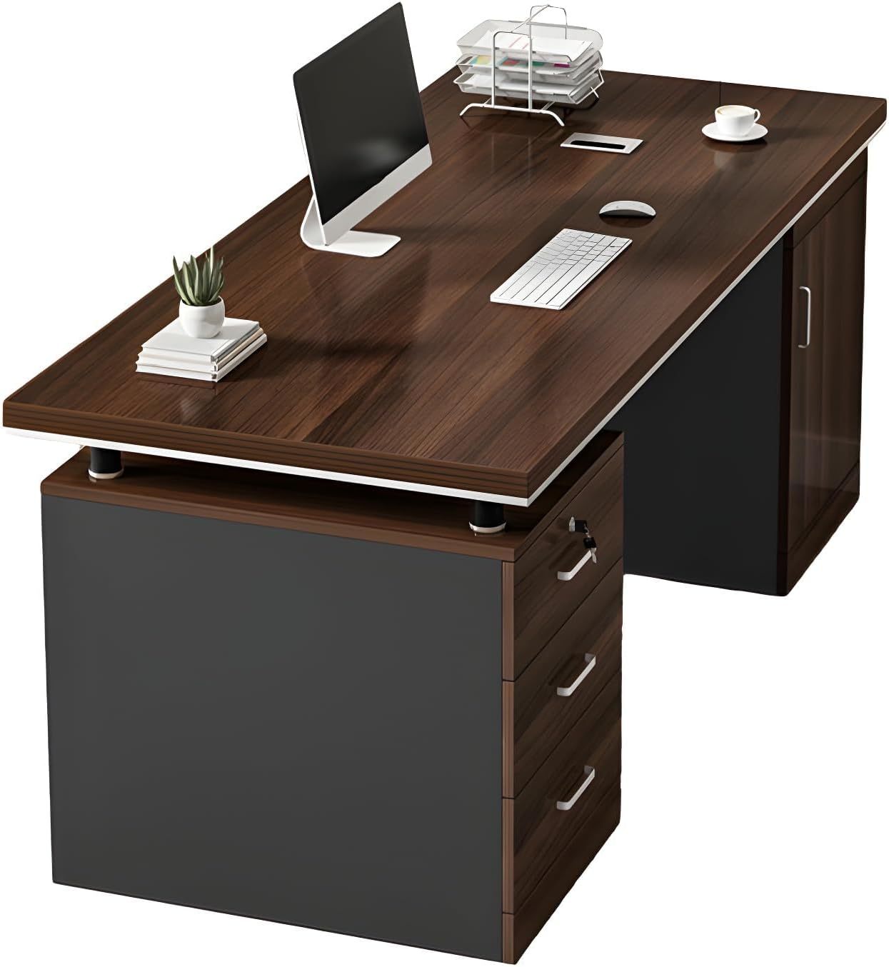 UNKKS Escritorio,Escritorio con 3 Cajones de Archivos, Escritorio de Oficina en Casa de Madera, Escritorio Oficina, Escritorio para Pc Negro Mate Nogal,Escritorio Grande con Ilave 120X60X77CM