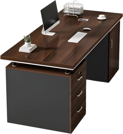 UNKKS Escritorio,Escritorio con 3 Cajones de Archivos, Escritorio de Oficina en Casa de Madera, Escritorio Oficina, Escritorio para Pc Negro Mate Nogal,Escritorio Grande con Ilave 120X60X77CM