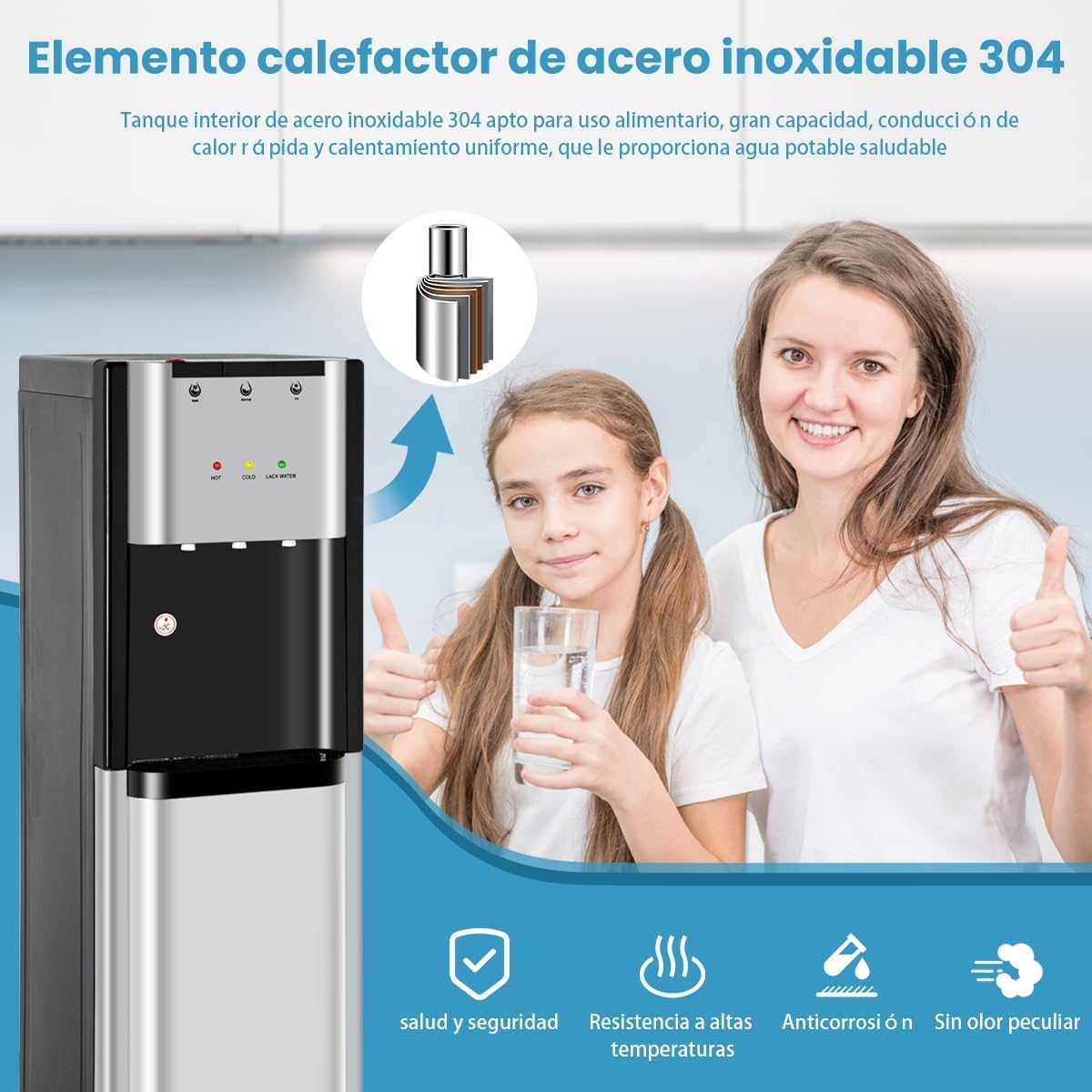 Ykioea Dispensador de Agua con Garrafón Oculto, Dispensador de Agua Fria y Caliente, Enfriador de Agua, Bloqueo de Seguridad, para Sala, Oficina