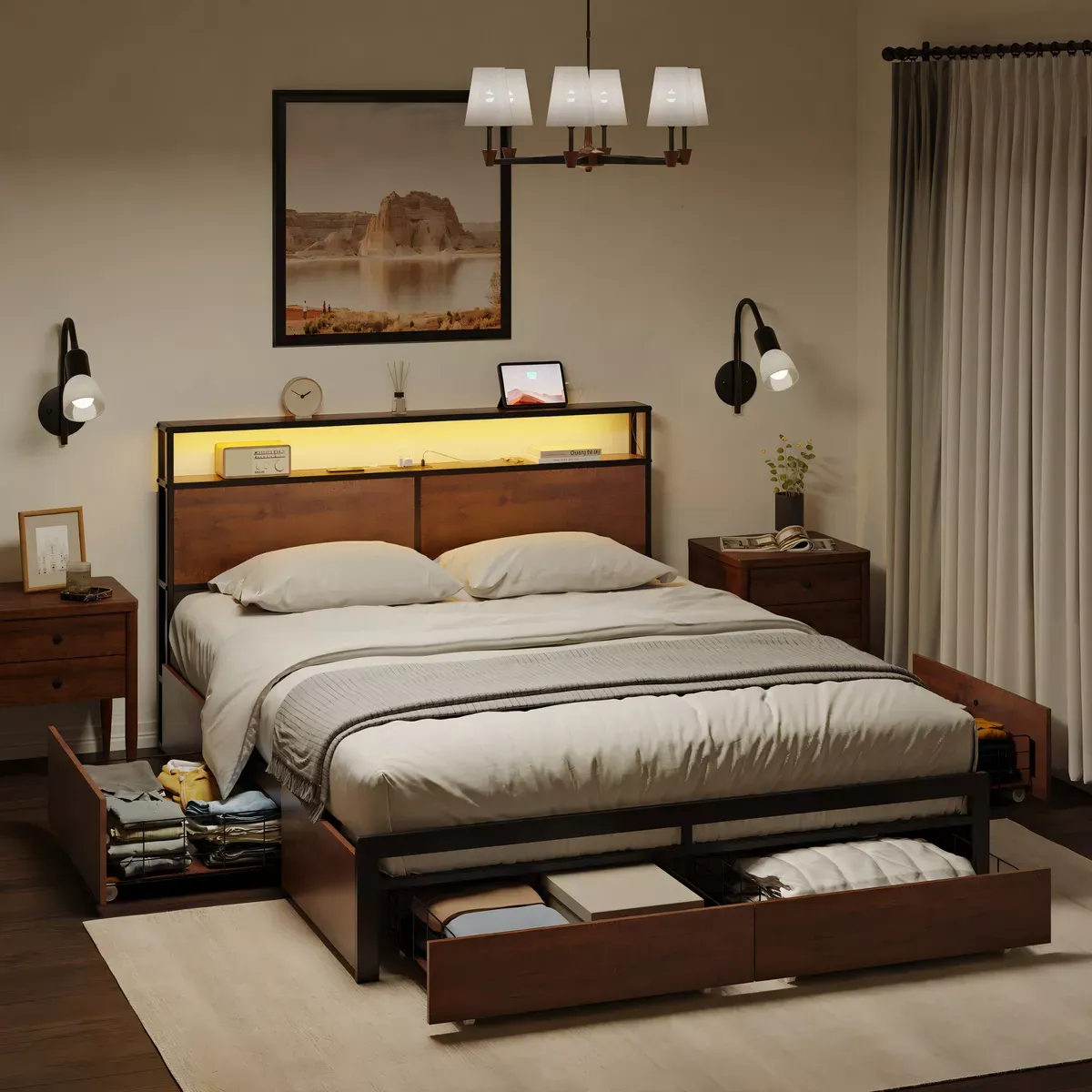 Cama Matrimonial Full Base+ Cabecera+ Cajones Luces Led Usb Color Marrón
