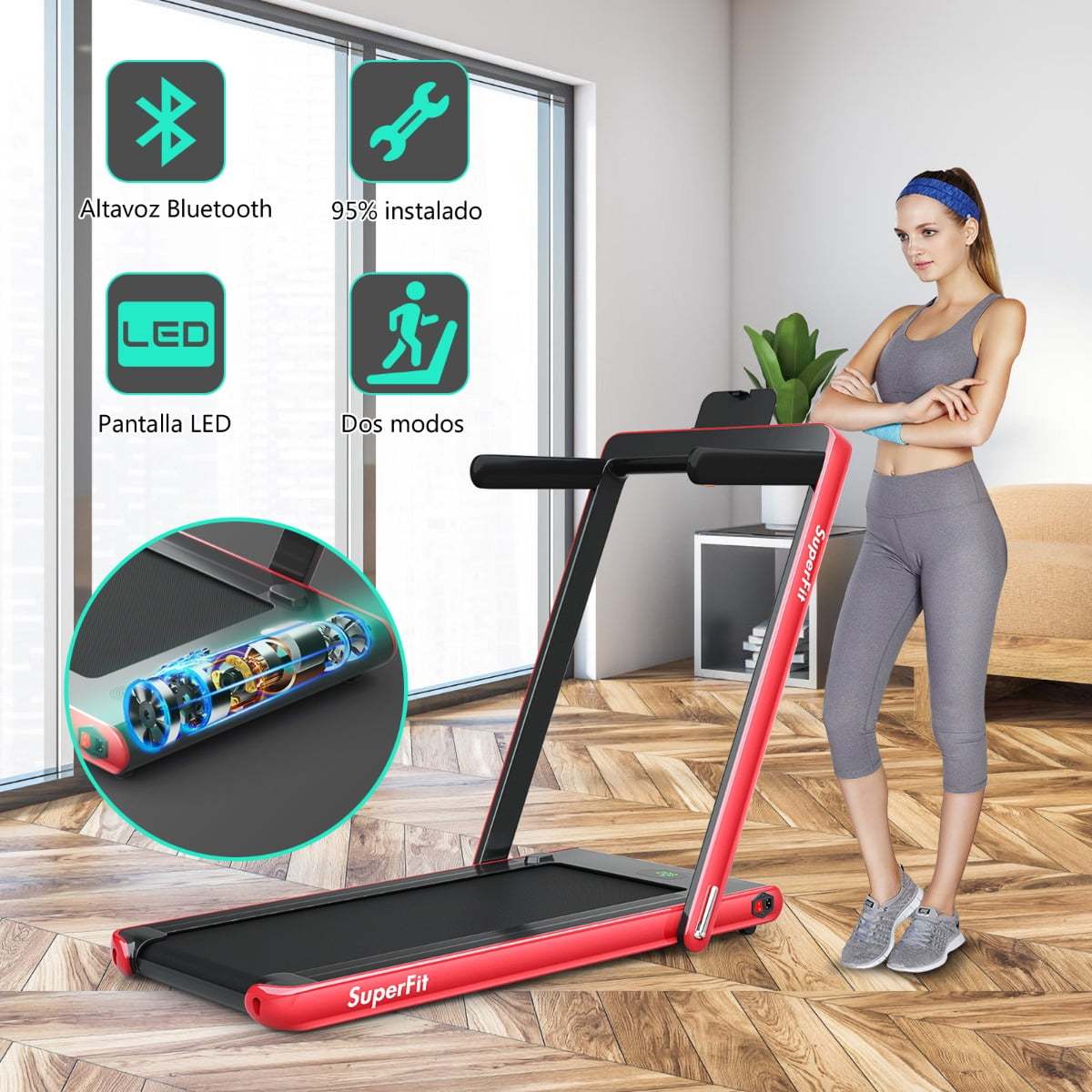 Costway Caminadora Plegable 2 en 1 Eléctrica Portátil 2,25 HP 12 Km/h con Altavoz Bluetooth Mando Pantalla LED App Control para Casa Rojo Costway Modern
