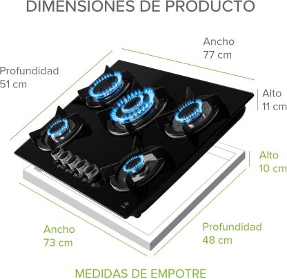 AVERA Parrilla de Gas 5 Quemadores, Vidrio Templado Negro 77cm (Incluye accesorios para Instalarla) Empotrable, Encendido Electronico, Perillas Metalicas, Estufa Empotrable, para Gas LP y Natural, VT5
