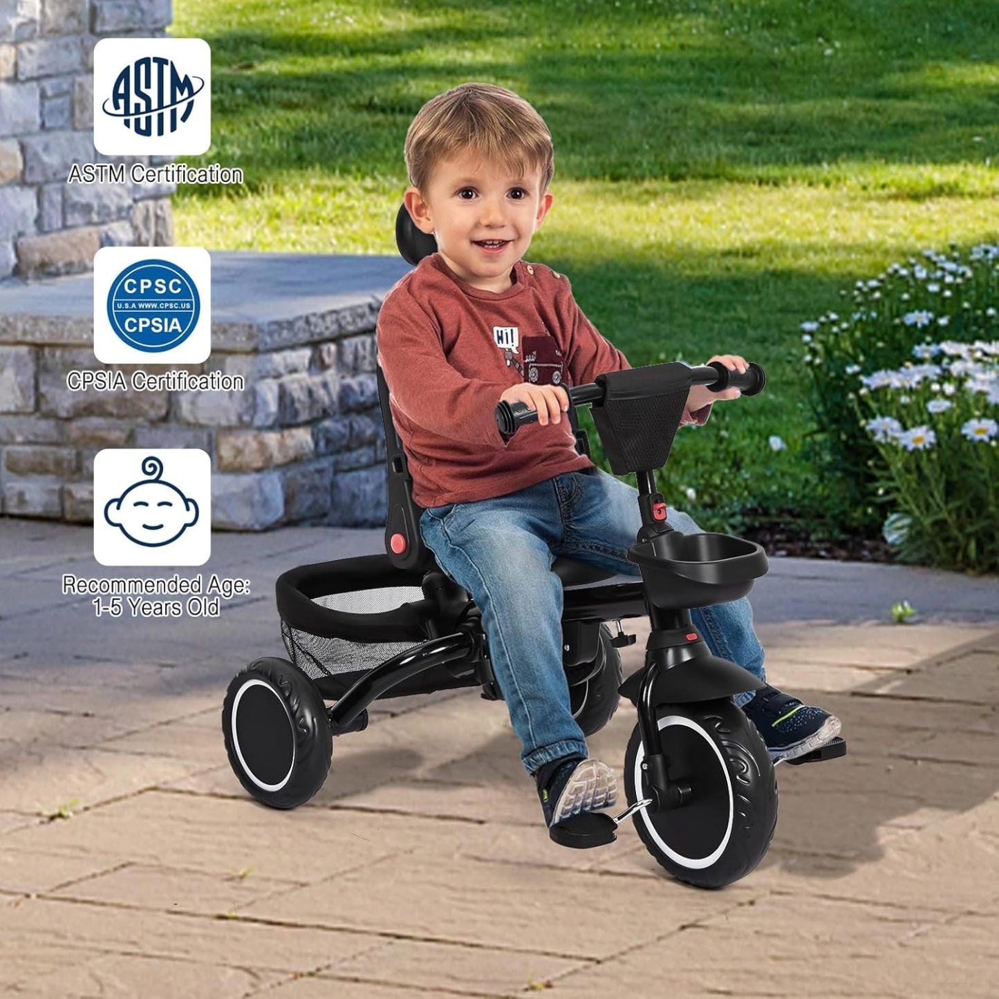 Babevy - Triciclo para bebé, 7 en 1, Plegable con Mango de Empuje Ajustable extraíble, toldo, Asiento Giratorio, arnés de Seguridad, portavasos y Almacenamiento, Triciclo para niños de 1 a 5 años