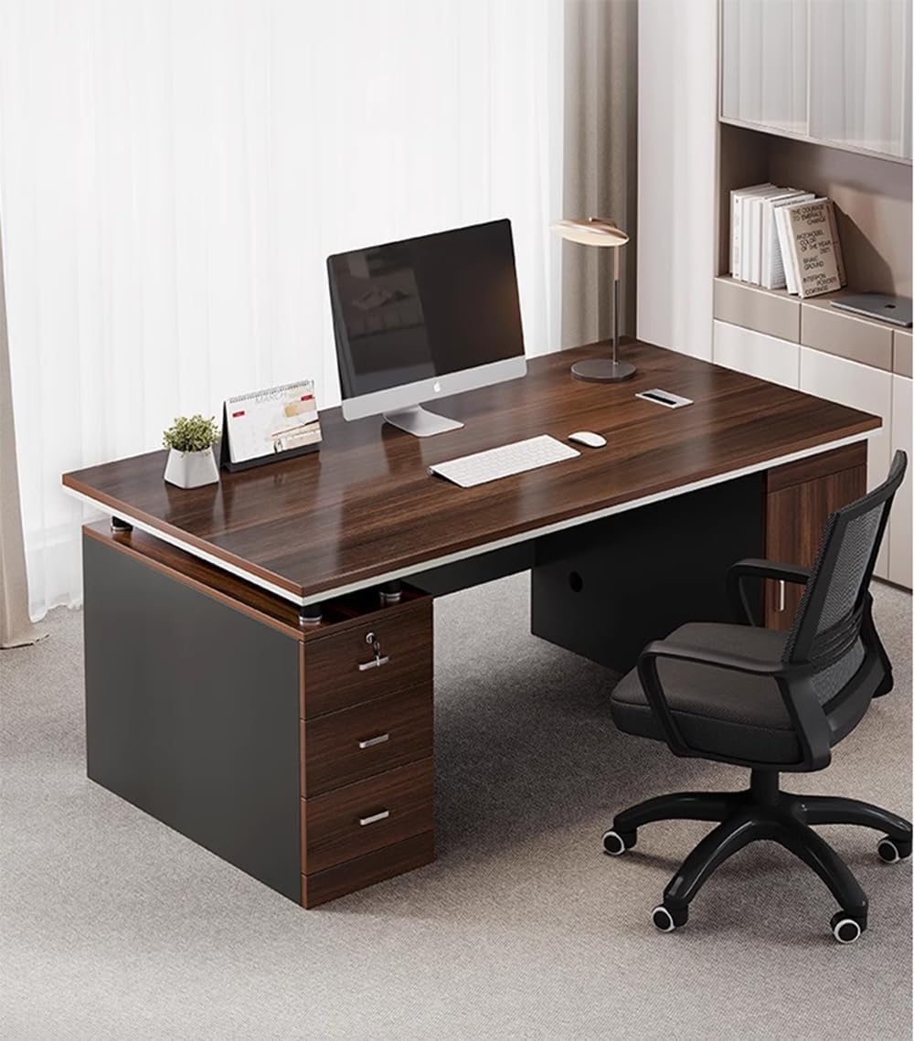 UNKKS Escritorio,Escritorio con 3 Cajones de Archivos, Escritorio de Oficina en Casa de Madera, Escritorio Oficina, Escritorio para Pc Negro Mate Nogal,Escritorio Grande con Ilave 120X60X77CM
