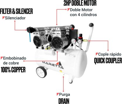 MARIETTA 2HP 50L: Compresor de Aire Silencioso - Compresor robusto de llenado rápido con 2 HP y tanque de 50L. Doble Motor Libre de Aceite.