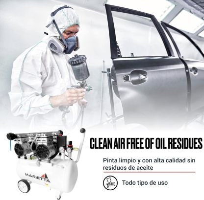 MARIETTA 2HP 50L: Compresor de Aire Silencioso - Compresor robusto de llenado rápido con 2 HP y tanque de 50L. Doble Motor Libre de Aceite.
