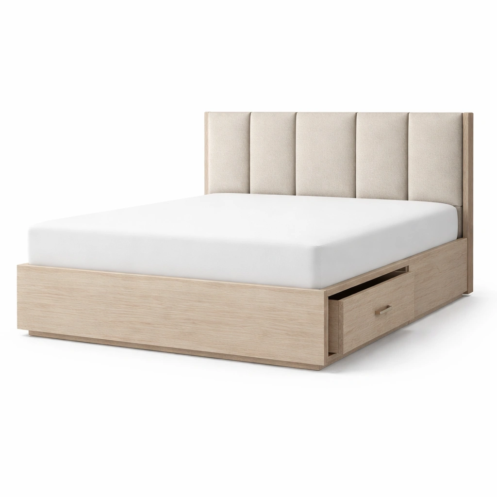 Cama con almacenamiento doble de madera con cabecero tapizado beige-furncora
